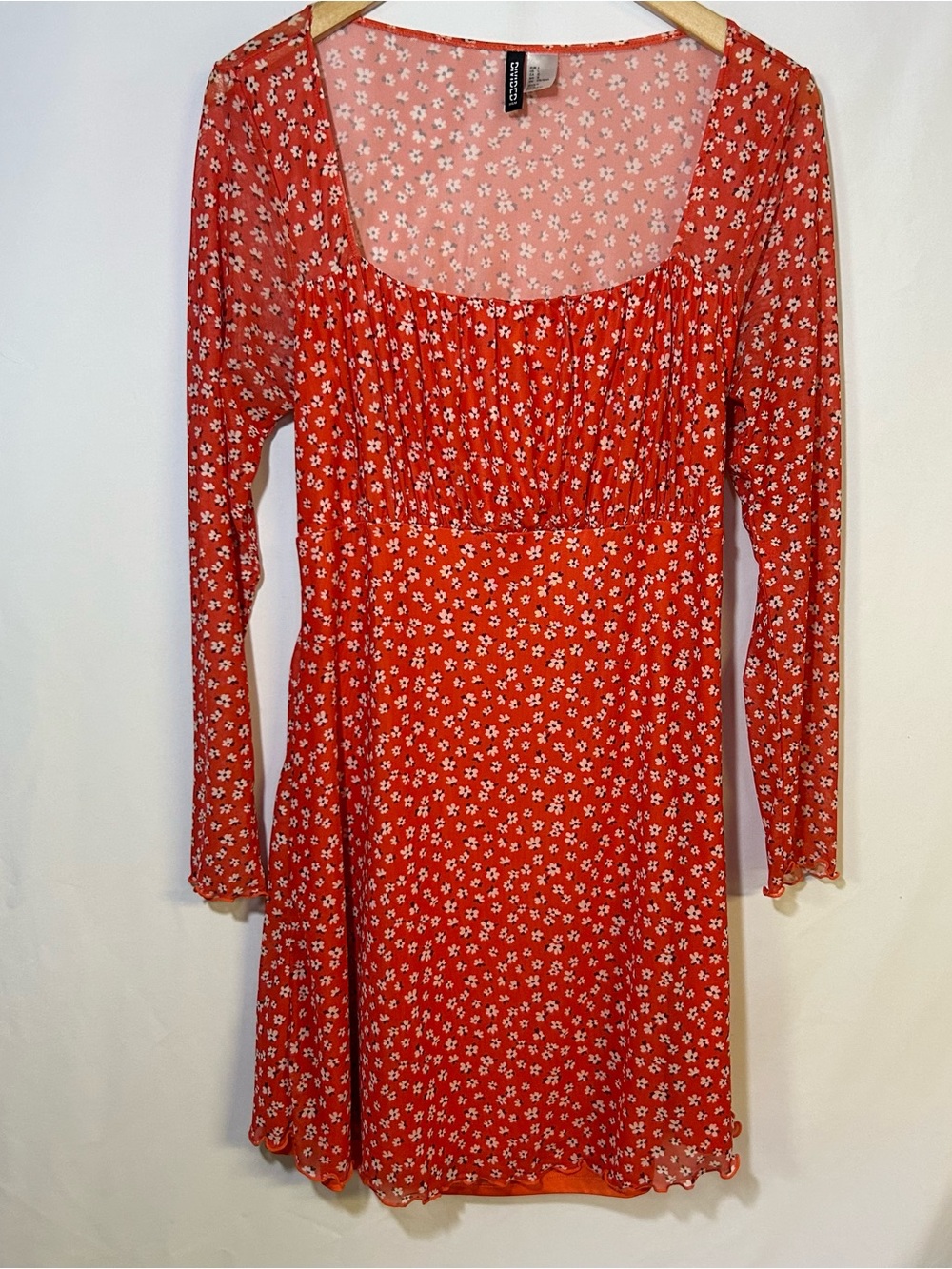 Divided H&M Orange Floral Square-Neck Long Sleeve Babydoll Mini Dress 90’s Y2K